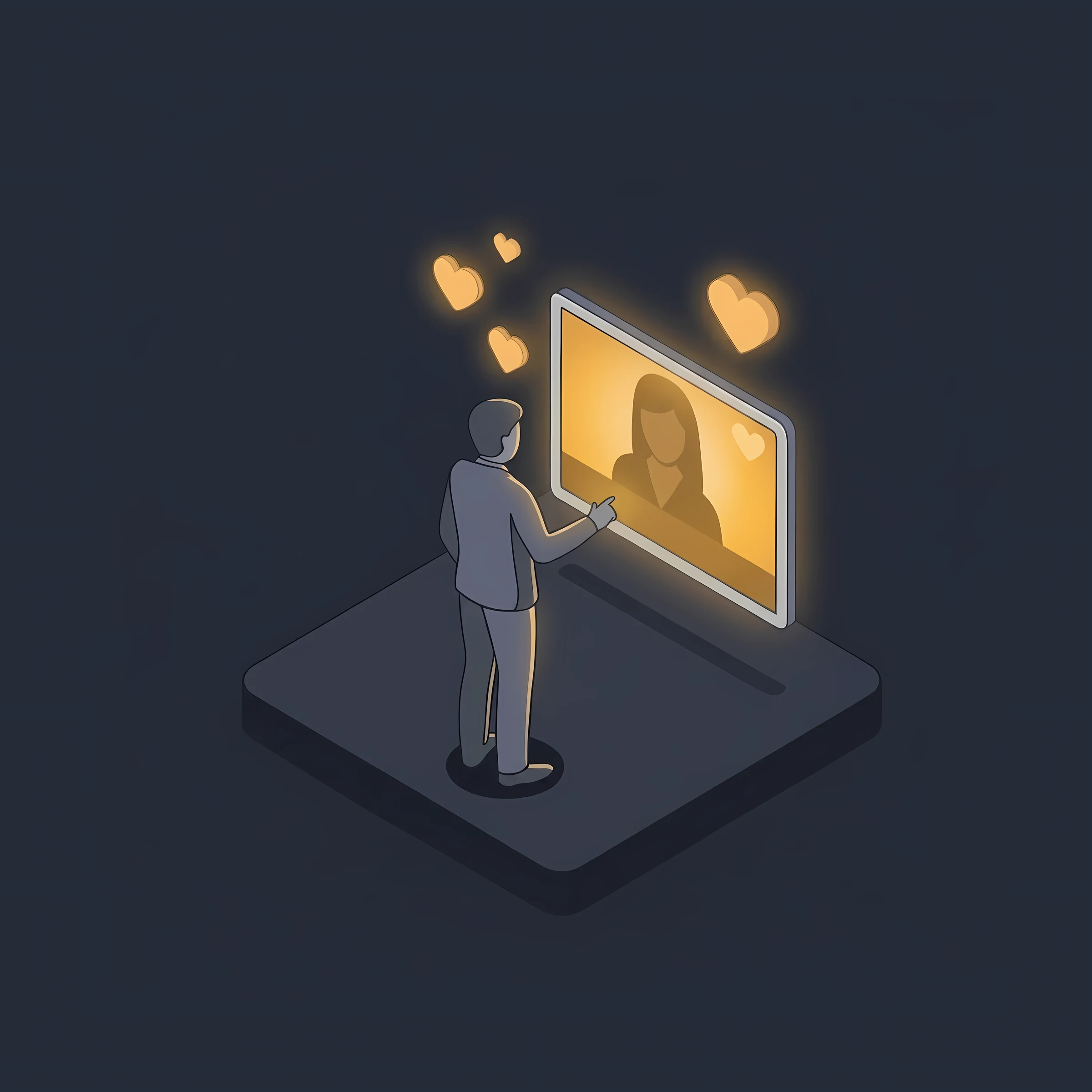 Man interacting with a glowing screen showing a woman with floating heart icons around it.