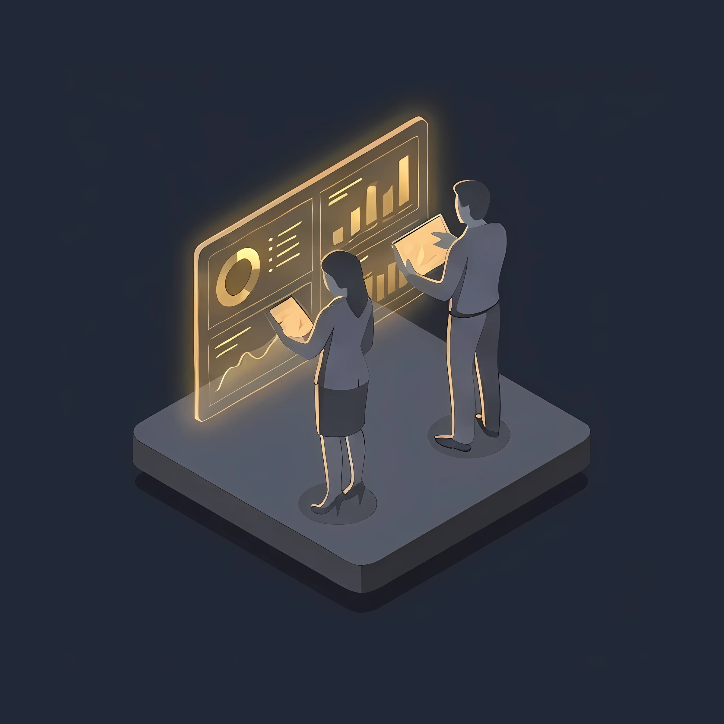 Two people analyzing glowing digital charts and graphs on a floating screen in a dark environment.