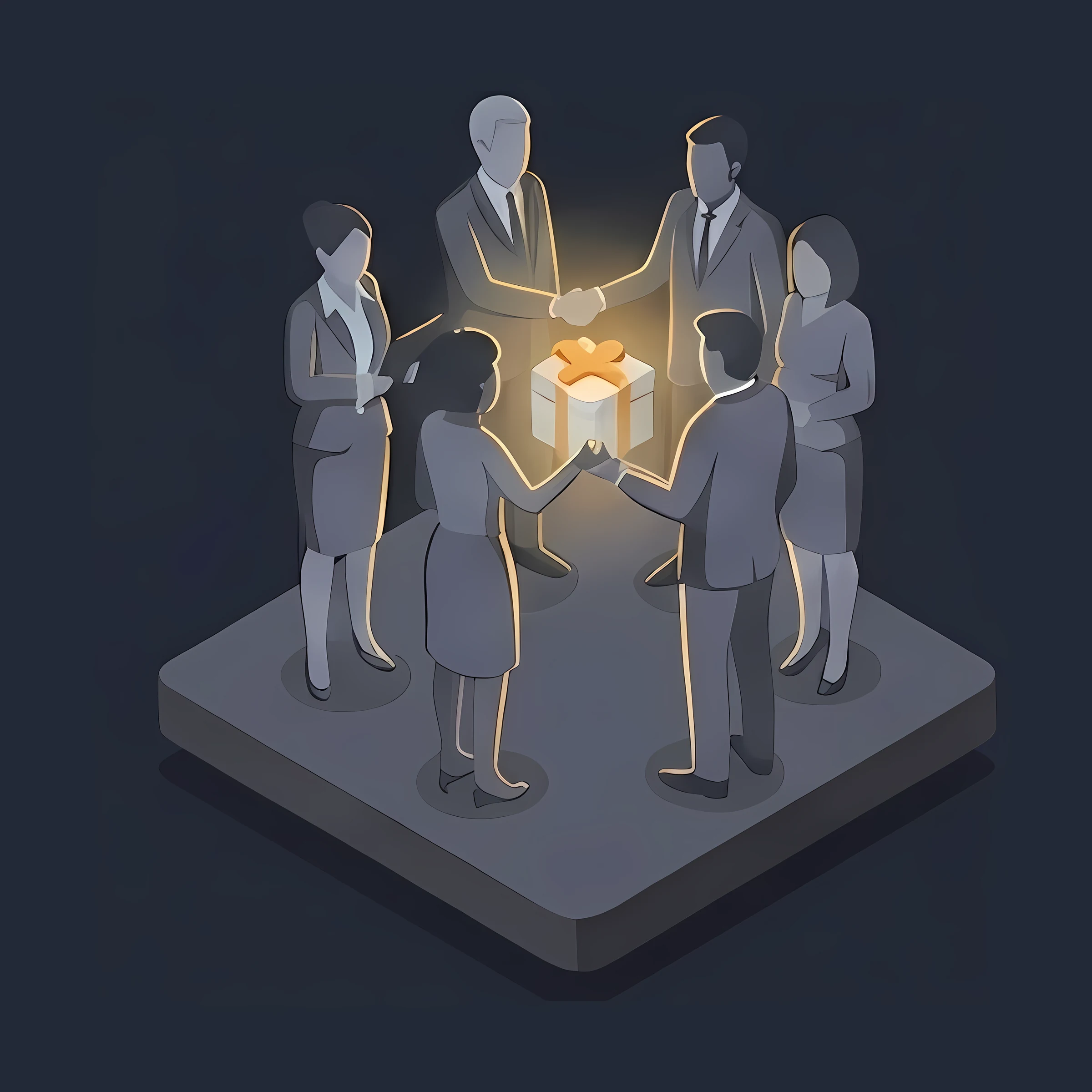Six faceless businesspeople standing around glowing gift box, two pairs shaking hands.