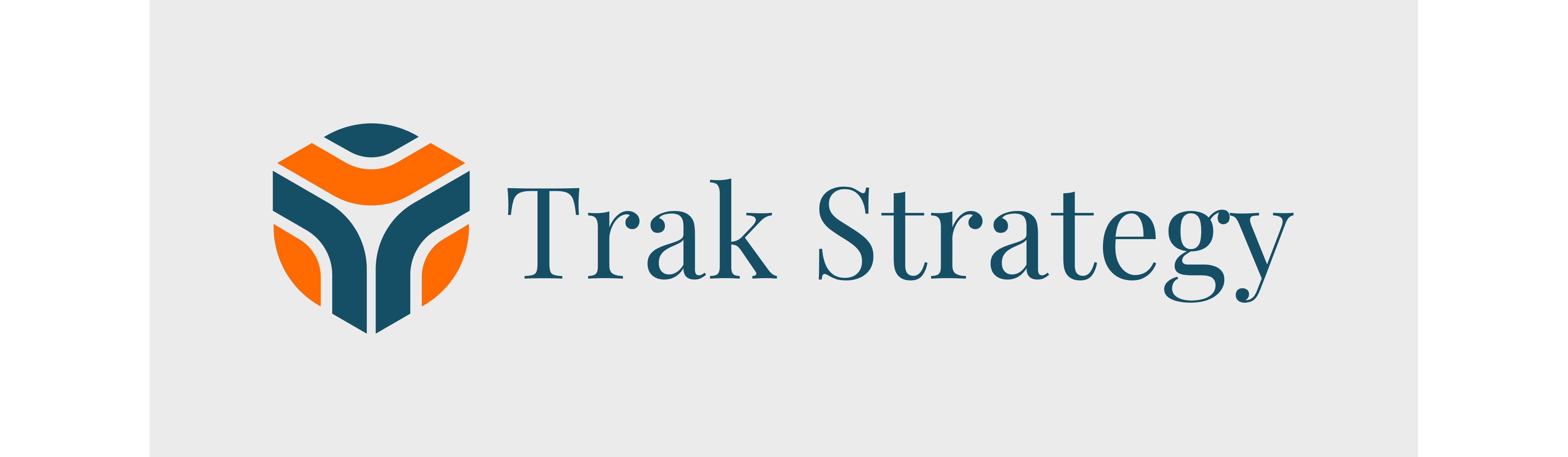 Logo with abstract geometric shapes in orange and dark teal next to the words 'Trak Strategy' in dark teal serif font.
