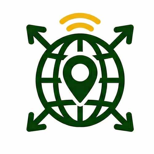 Green globe with location pin in center and four outward arrows, with two orange curved lines above representing wireless signals.