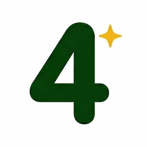 Bold green number four with a small yellow sparkle to the upper right.