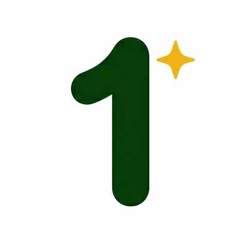 Green number one with a small yellow sparkle to the upper right on a white background.