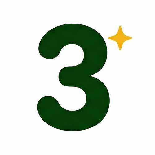 Large dark green number three with a small yellow sparkle to its upper right on a white background.