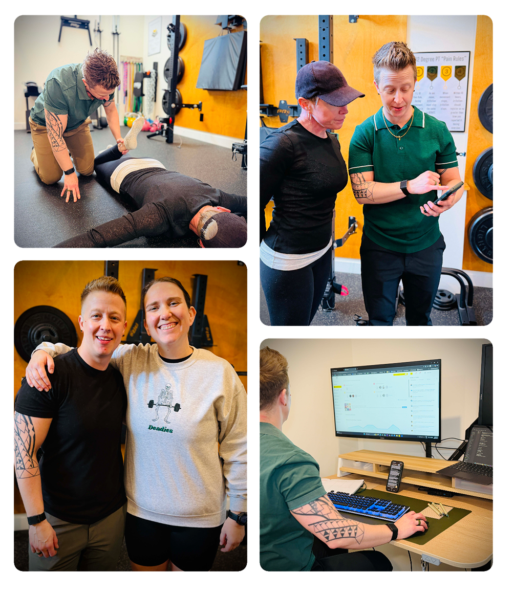 Collage of four images showing a tattooed trainer assisting a client with stretching, reviewing a phone with a woman in a gym, posing with a smiling woman, and working at a computer desk.