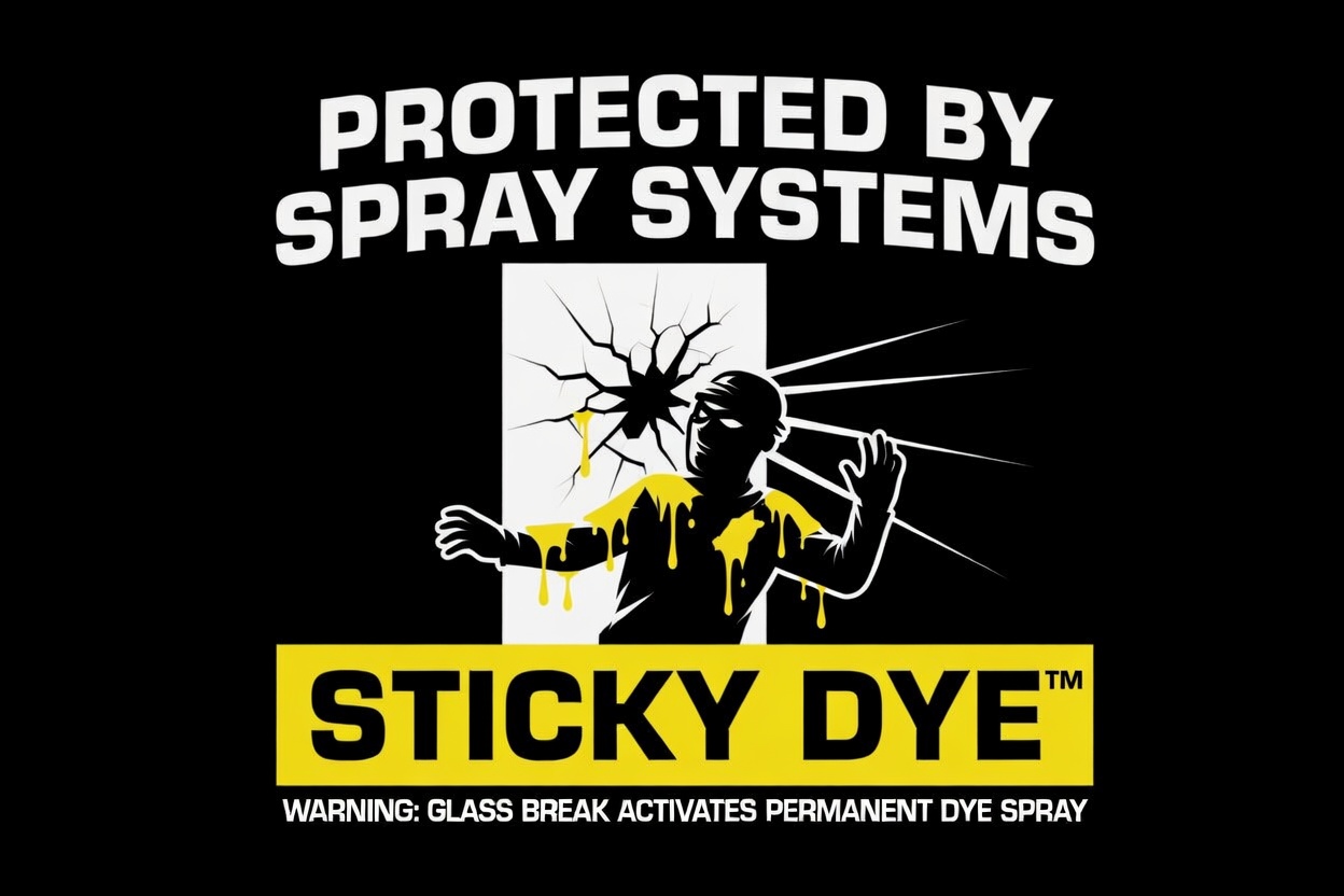 Thief breaking window and being sprayed by sticky liquid.