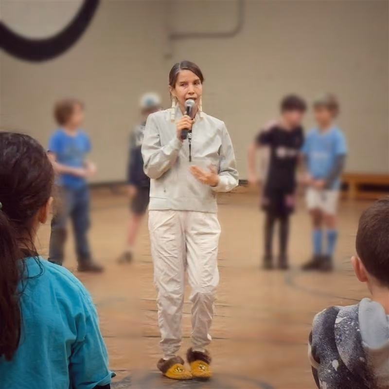 Tillicum Elementary School workshop with Dancers of Damelahamid Artistic Director, Margaret Grenier. Photo: Larissa Sharma