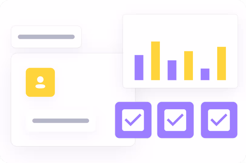 Xcite dashboard module displaying user insights and performance metrics, featuring a bar chart comparison and checklist indicators alongside a user profile card—highlighting how Xcite helps commercial real estate investment teams track criteria, evaluate opportunities, and make smarter data-driven decisions.