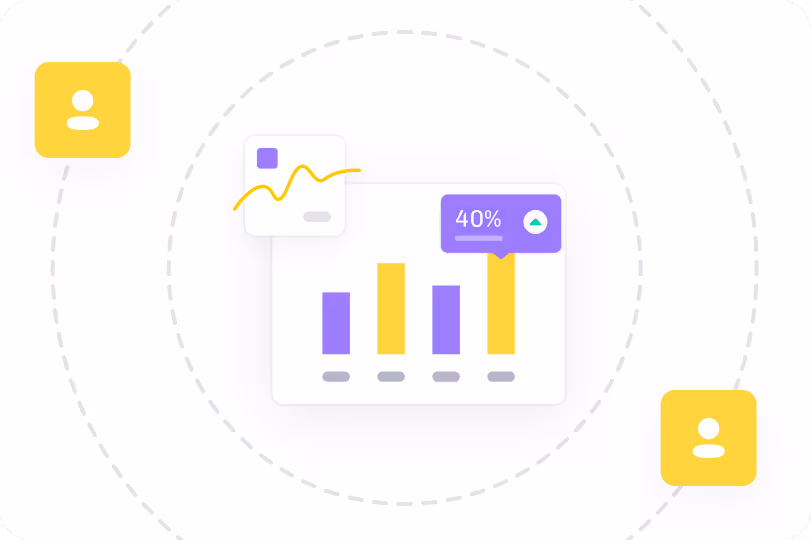 Xcite dashboard visualization showing centralized data insights, with performance charts and a 40% growth indicator connected across multiple user nodes—illustrating how Xcite unifies data across teams to drive smarter commercial real estate investment decisions.