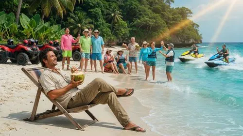Group of people on a tropical beach enjoying activities with ATVs, jet skiing, while adventure tour business operator is drinking coconuts under sunlight.