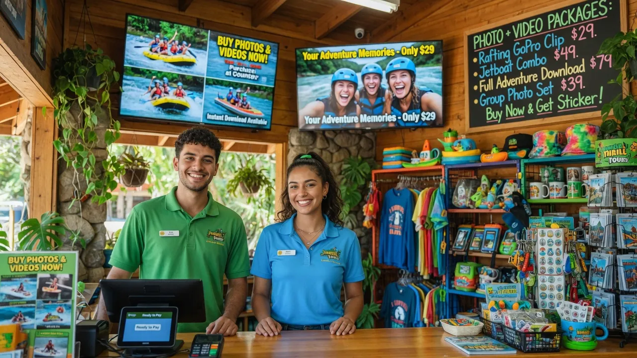 Two smiling tour guides standing behind a wooden counter in a gift shop with colorful adventure-themed merchandise and photo package signs.
