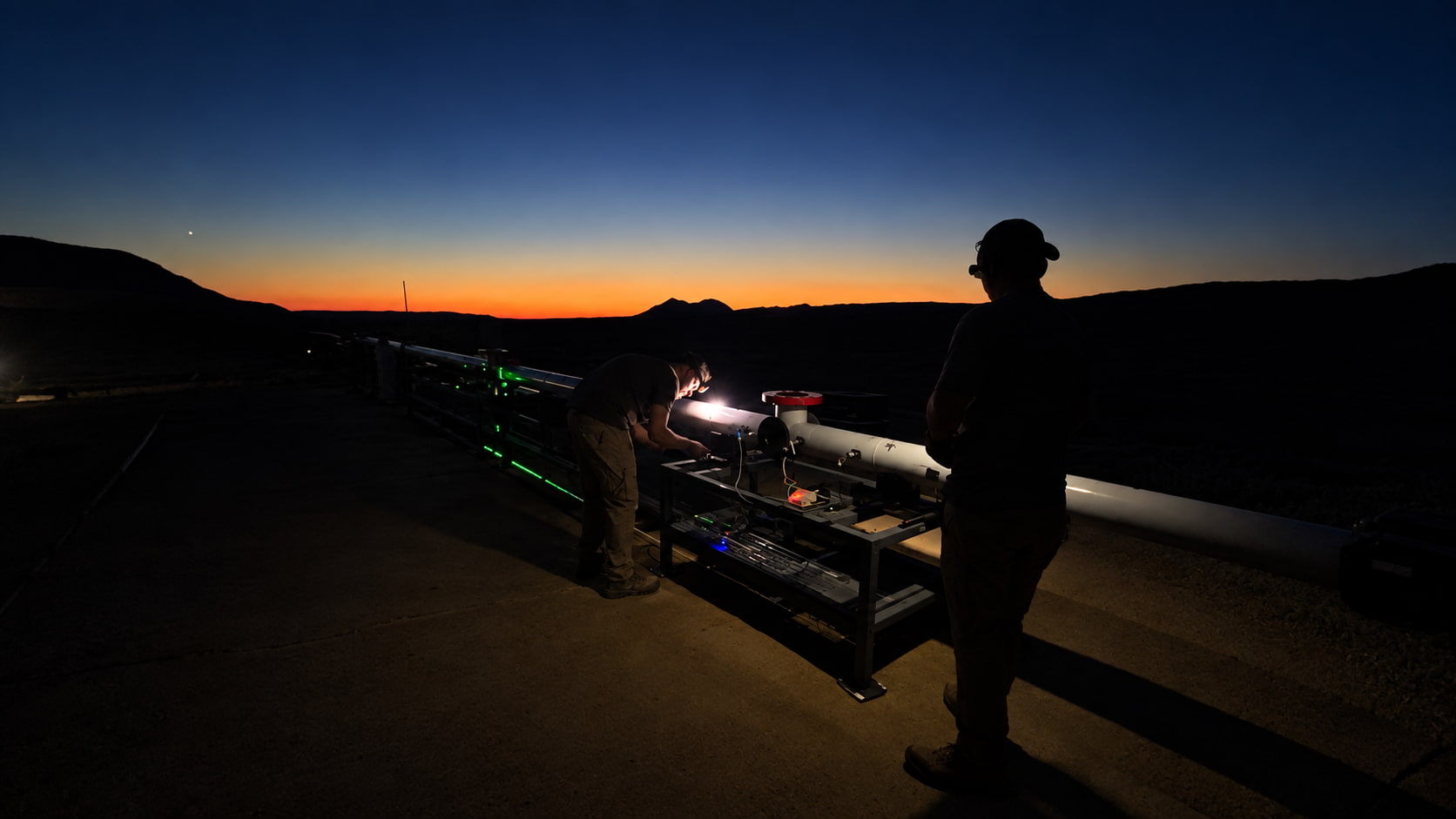 Two people working with a long scientific instrument or telescope on a stand outdoors during twilight, with a colorful sunset and mountain silhouette in the background.