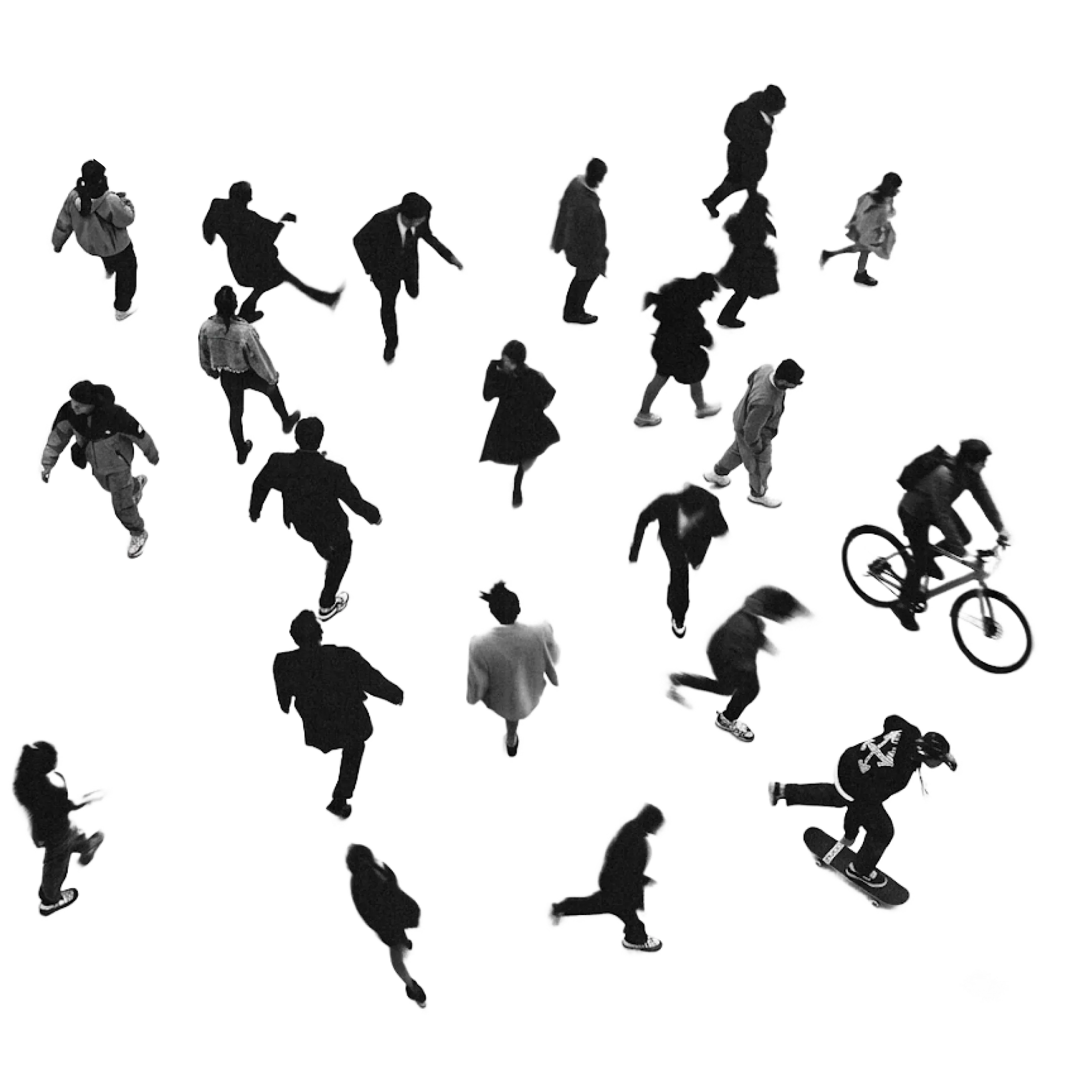 Schwarz-Weiß-Silhouetten von oben nach unten, von mehreren Personen, die laufen, Rad fahren und skateboarden, verteilt auf einem schwarzen Hintergrund.