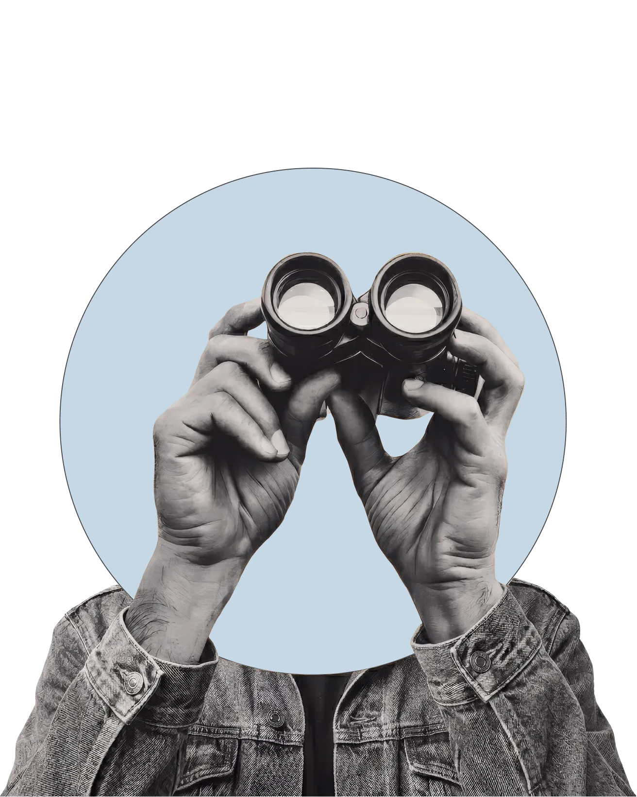 Schwarzweißbild von Händen, die ein Fernglas vor einem hellblauen kreisförmigen Hintergrund halten.