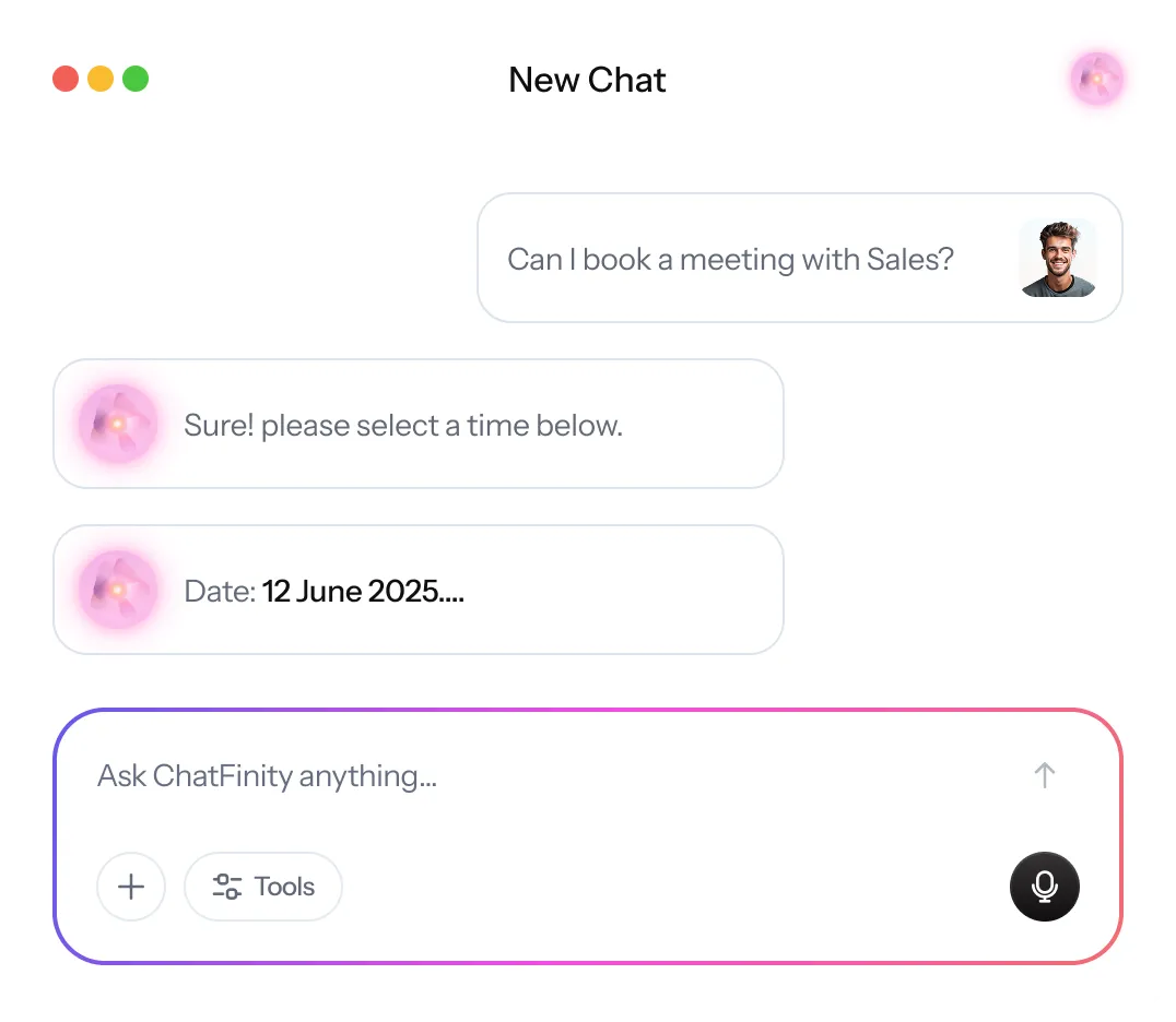 Chat interface showing user asking to book a meeting with Sales and chatbot responding with a date selection for 12 June 2025.