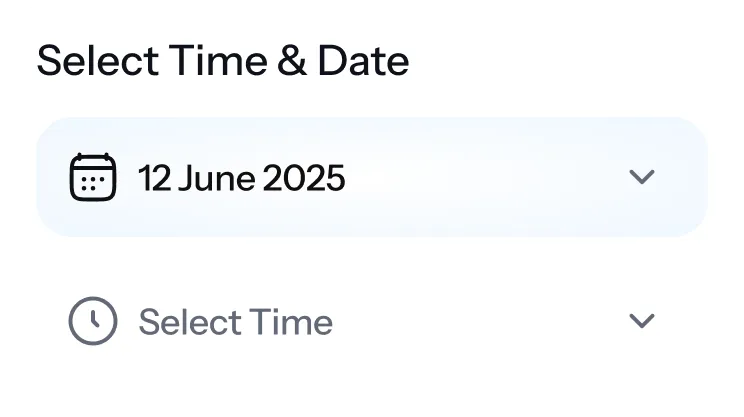 User interface for selecting time and date, showing 12 June 2025 selected for date and option to select time.