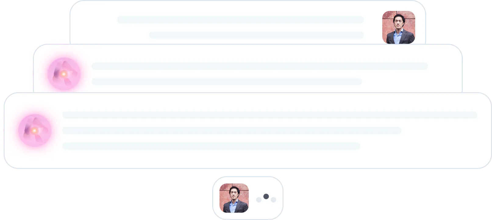 Illustration of overlapping chat message bubbles with user profile pictures, one with a pink floral icon and another with a man in a suit, representing a digital conversation.