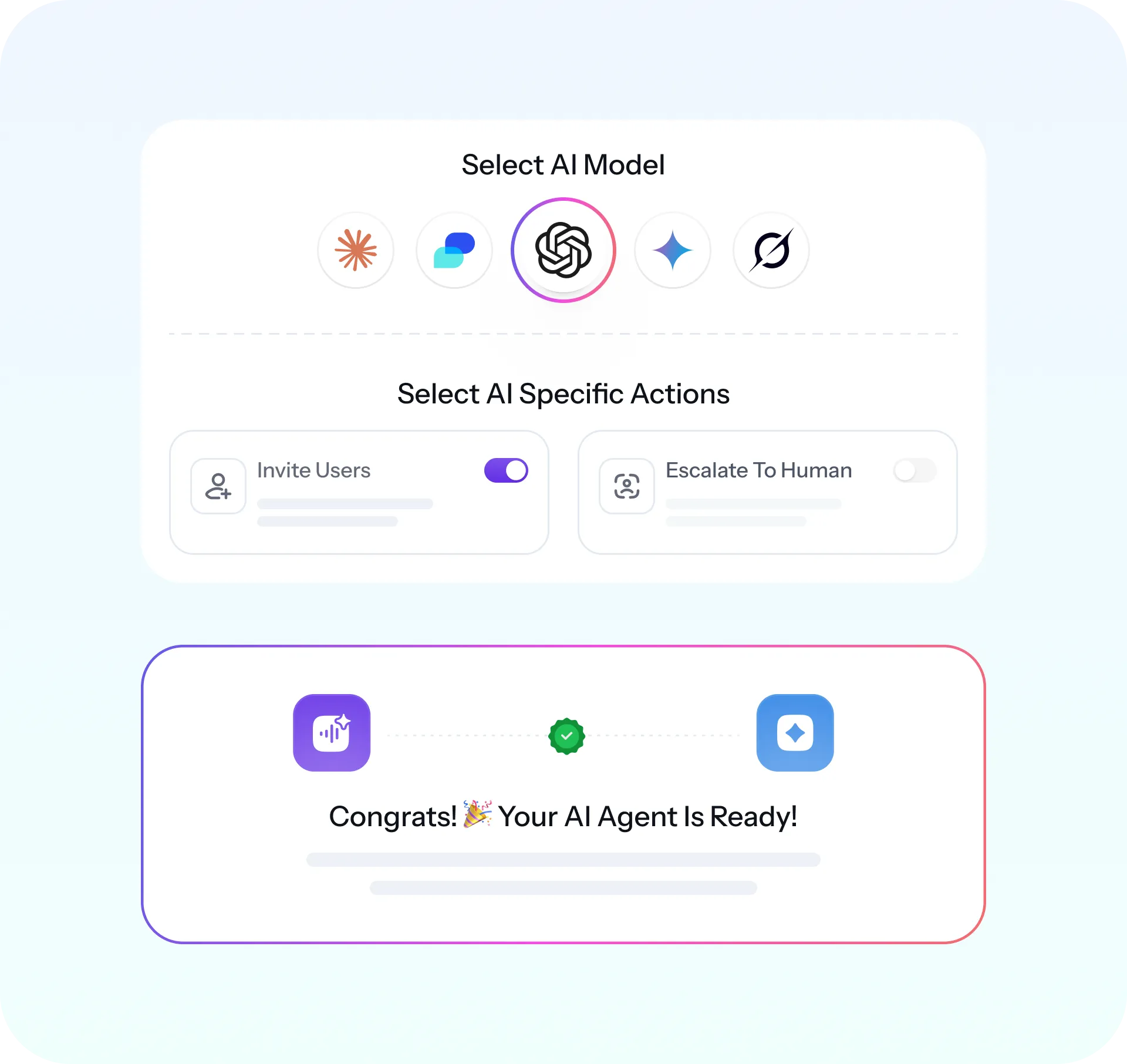 Interface showing AI model selection with five icons, invite users toggle on, escalate to human toggle off, and message 'Congrats! Your AI Agent Is Ready!'