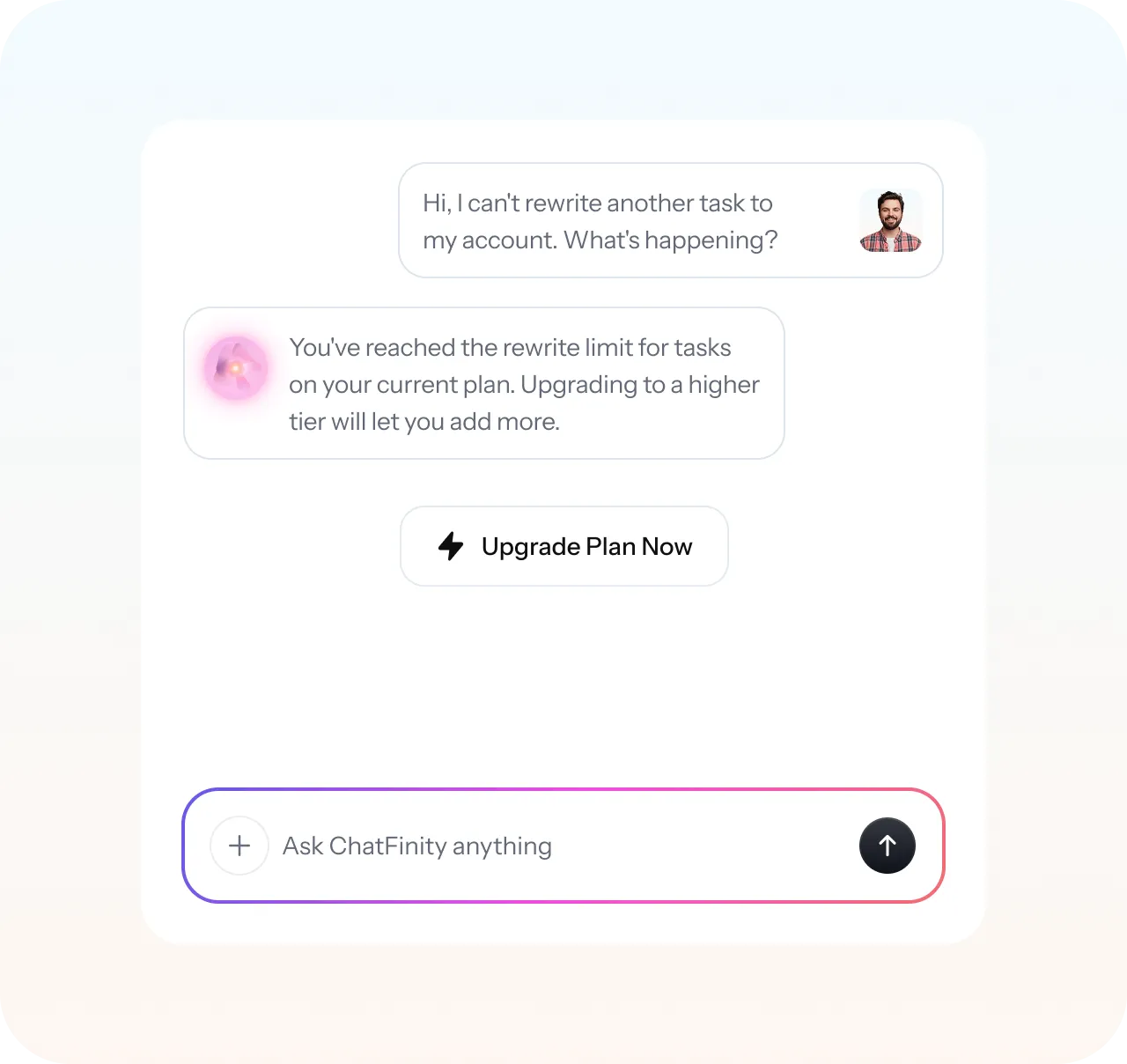 Chat interface showing user message about rewrite limit and system reply advising to upgrade plan, with an upgrade button and input field.