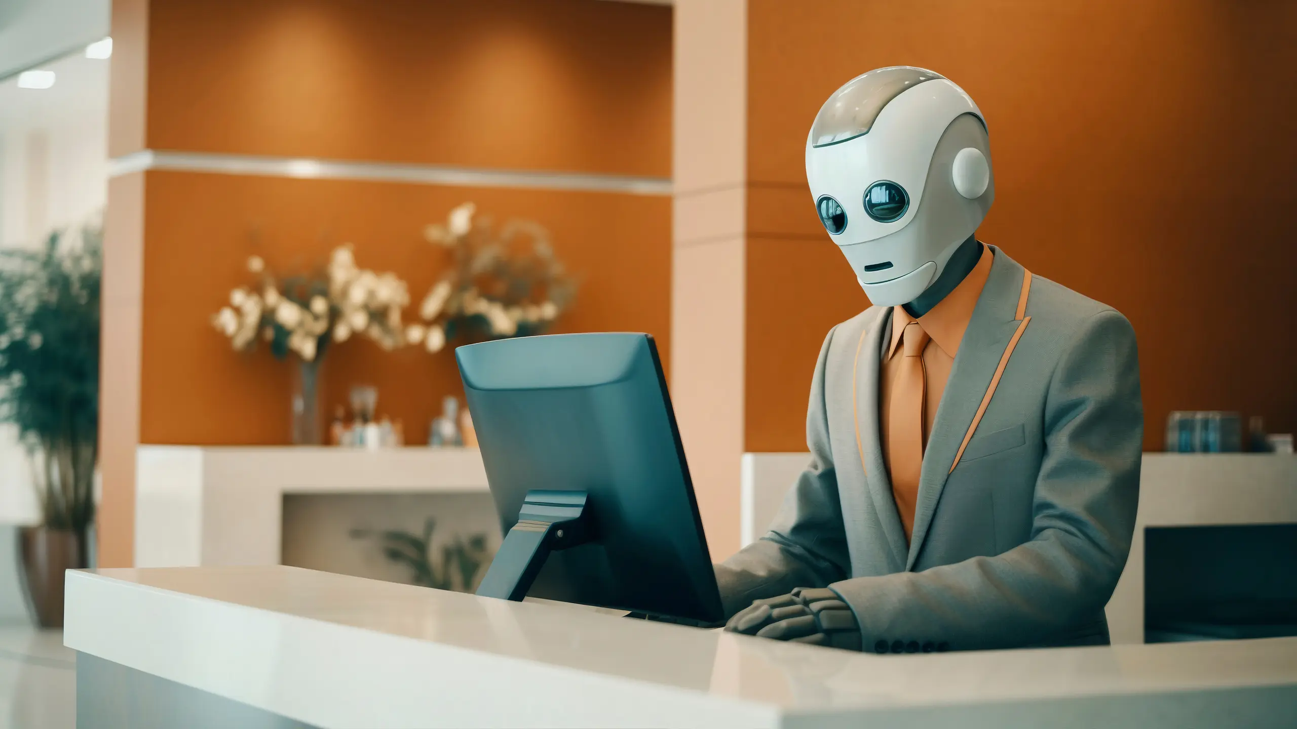 Robot receptionist in a suit working at a front desk with a computer monitor in a modern office lobby.