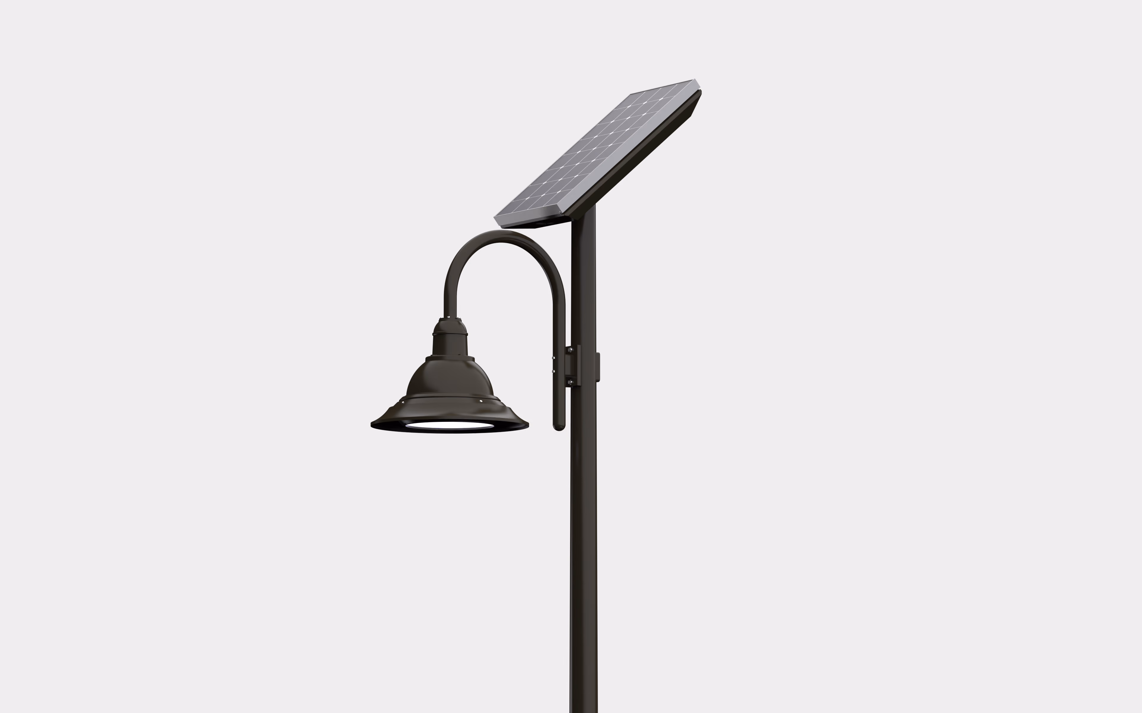 BFL Deco bell-style solar light fixture in dark bronze, showing full pole with gooseneck arm, bell-shaped shade, and solar panel mounted at top.