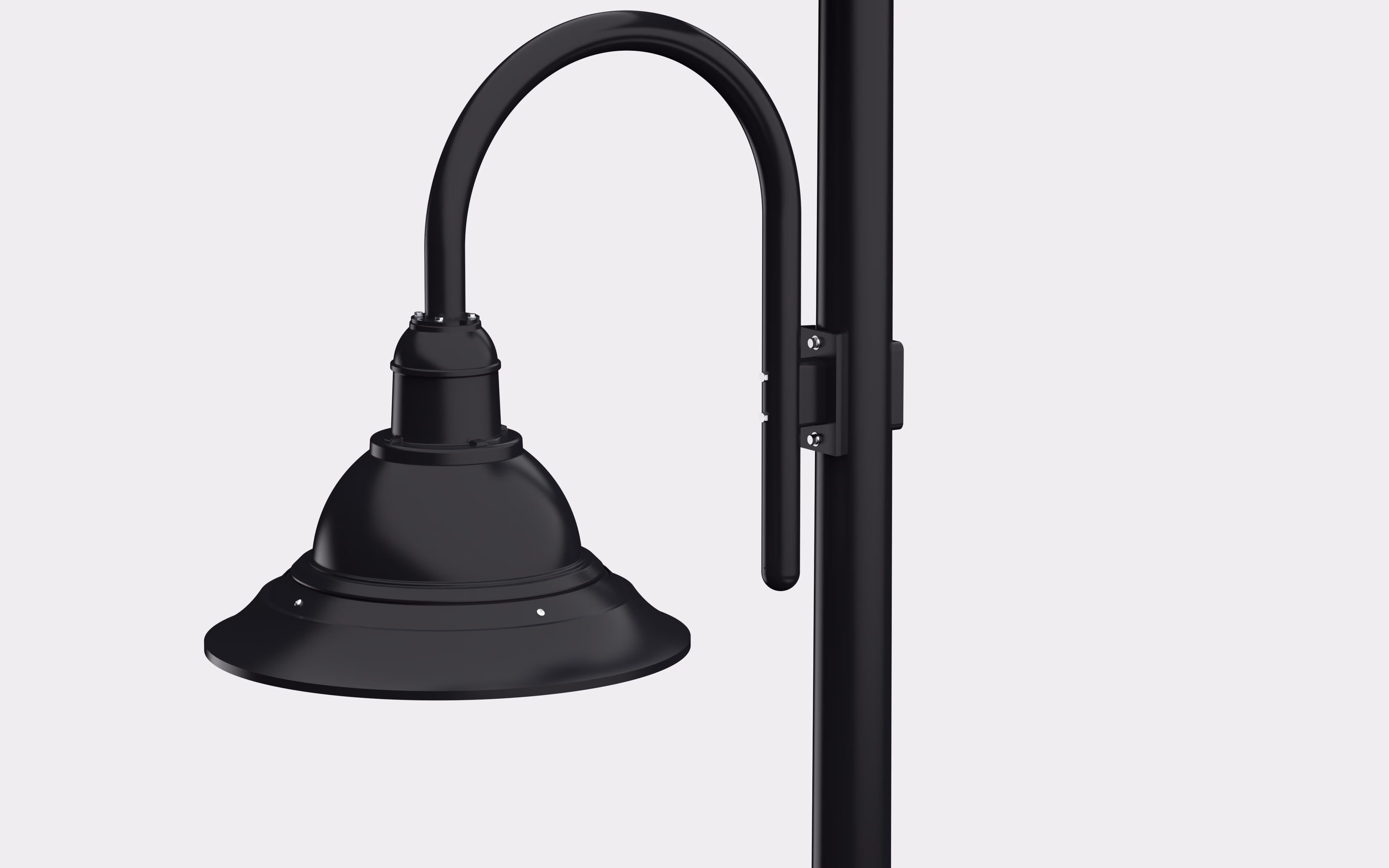 Close-up of black BFL Deco gooseneck arm and fixture mount in black, showing bracket detail where the arm attaches to the pole.