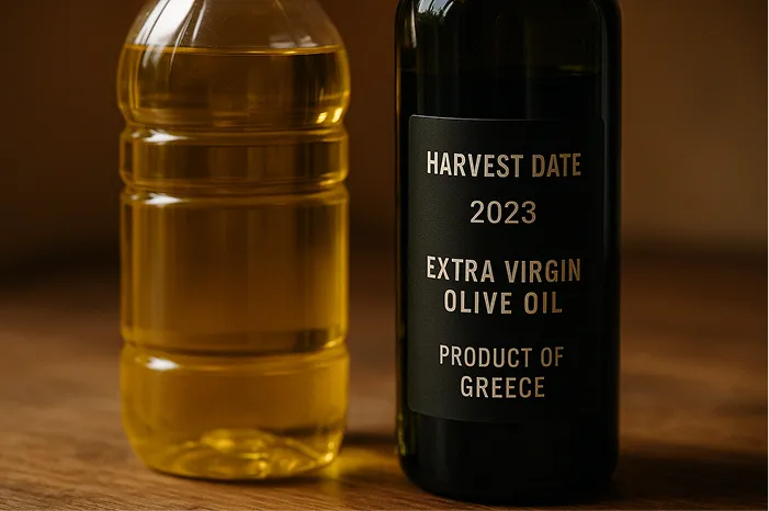 Clear plastic bottle next to a dark glass bottle labeled extra virgin olive oil from Greece.