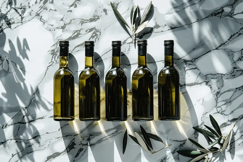 Five bottles of premium high-polyphenol olive oil arranged on marble with fresh olive branches and natural shadows