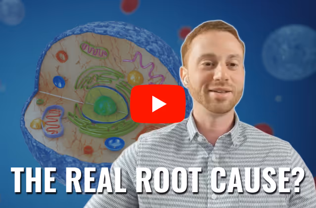 Man speaking in front of a cell diagram with text 'The Real Root Cause?' and a play button icon.