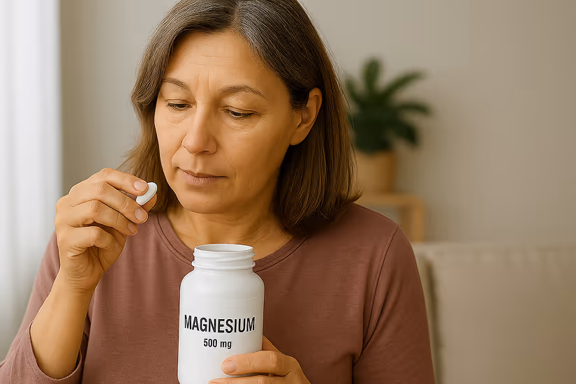 Middle-aged woman smiling in a sunlit room while holding a magnesium bottle and preparing to take a tablet.