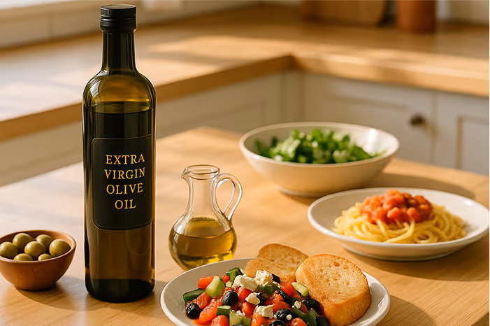 Dark glass bottle of olive oil next to a Mediterranean meal on a sunlit kitchen counter.