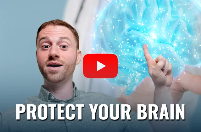Smiling man pointing upward beside a glowing digital brain hologram, with a red YouTube play button and bold text reading “Protect Your Brain.”