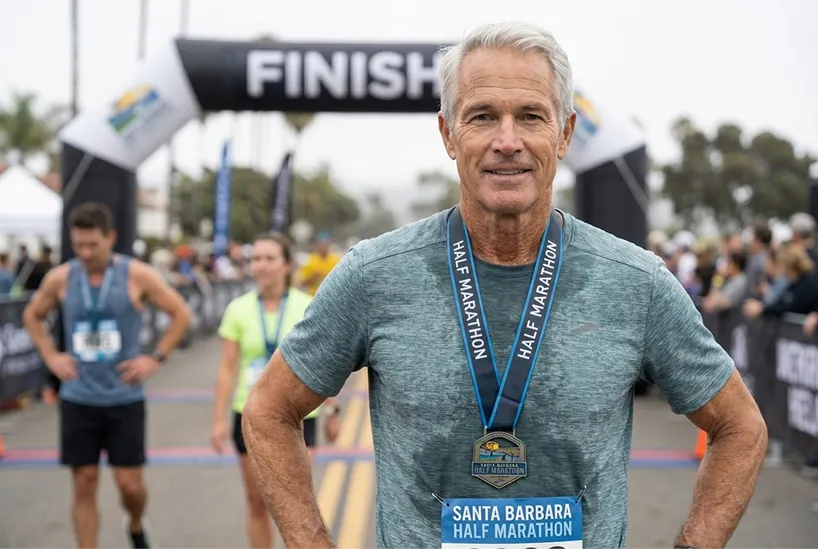Older man smiling and wearing a Santa Barbara Half Marathon medal at the finish line.