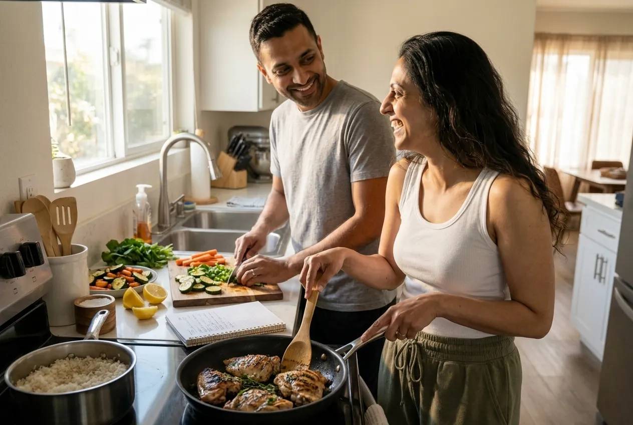 A man and woman smiling while preparing a healthy meal together in a bright kitchen.
