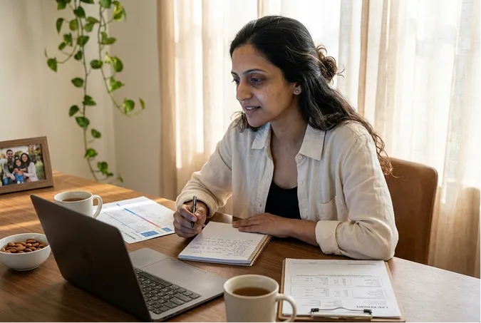 A woman sitting at a desk with a laptop and documents, taking notes while drinking tea.