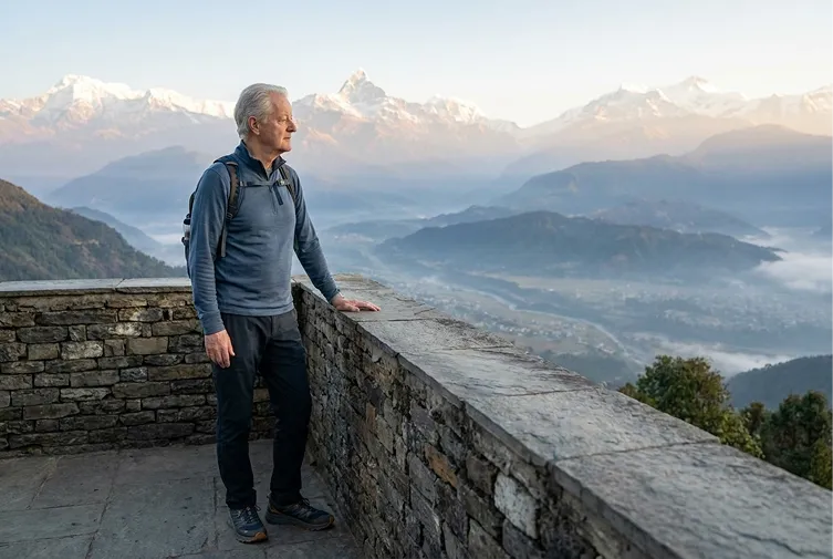 Silver-haired man standing at a mountain overlook, looking out at a vast landscape at golden hour.