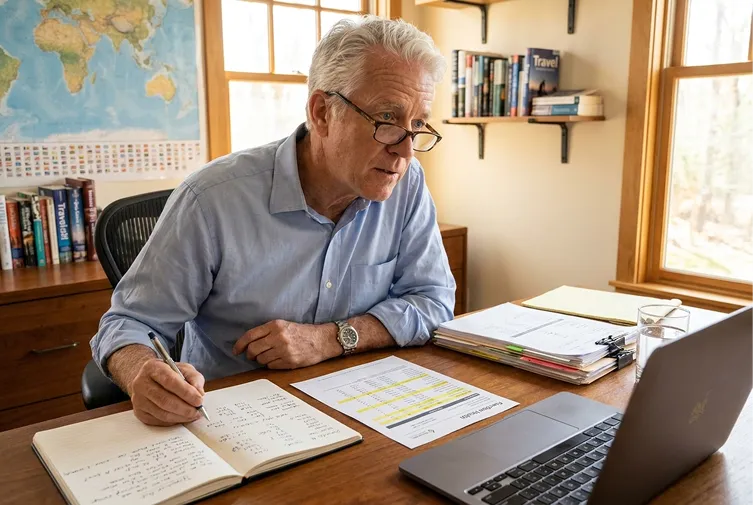 Silver-haired man at a desk reviewing health records during a video consultation, notebook open, focused.