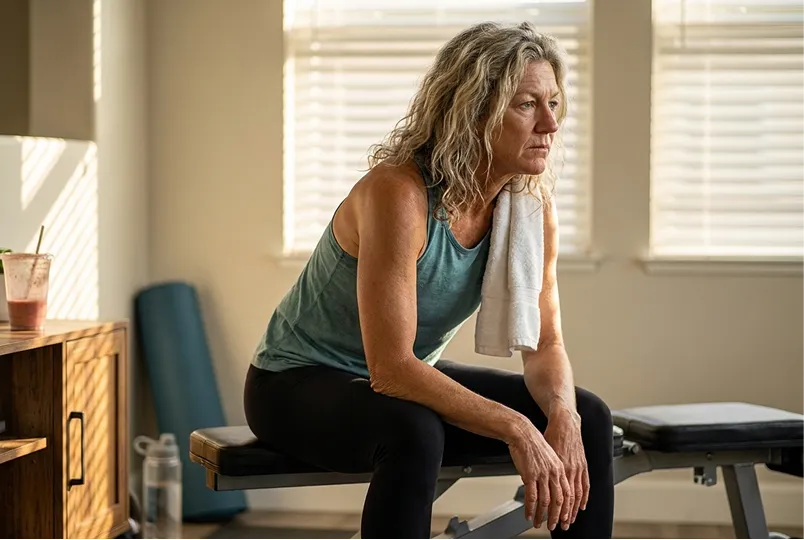 A middle-aged woman sits on a workout bench, looking tired and discouraged.