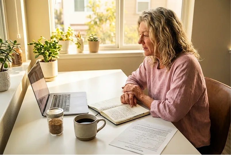 A woman uses a laptop and reviews medical paperwork for a telemedicine appointment.