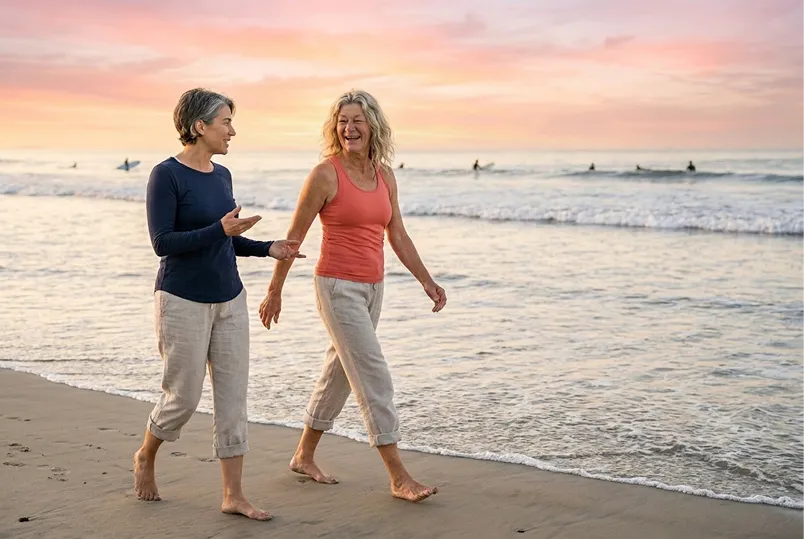 Two women enjoy an evening walk along the shore at the beach during sunset.