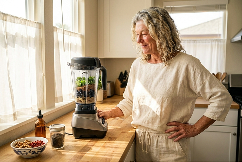 A woman blends a healthy smoothie filled with greens and berries in a bright kitchen.