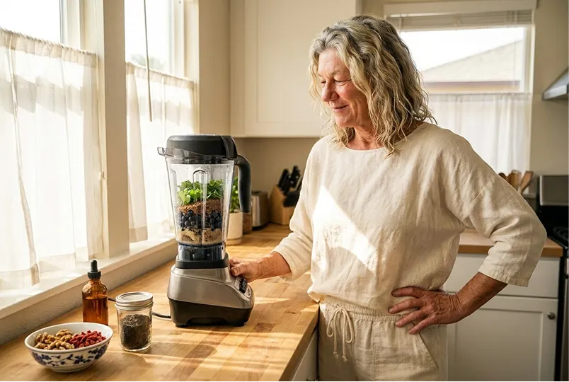A woman blends a healthy smoothie filled with greens and berries in a bright kitchen.