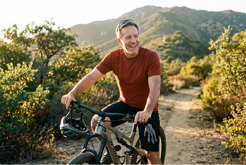 A happy middle-aged man smiling broadly while riding a mountain bike on a sunny dirt trail with hills in the background.