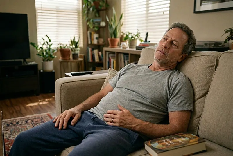 An exhausted middle-aged man lies slumped on a living room couch, holding his hand over his stomach with a tired expression.