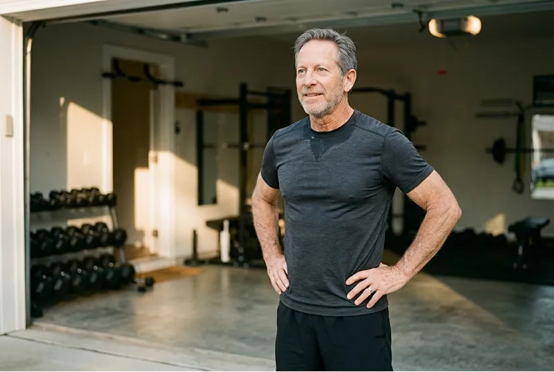 A fit middle-aged man stands confidently with hands on hips inside a home garage gym, looking happy after a workout.