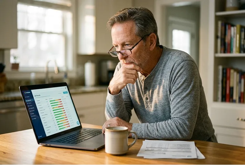 A focused middle-aged man wearing glasses looks intently at health lab results displayed on a laptop screen at a table.