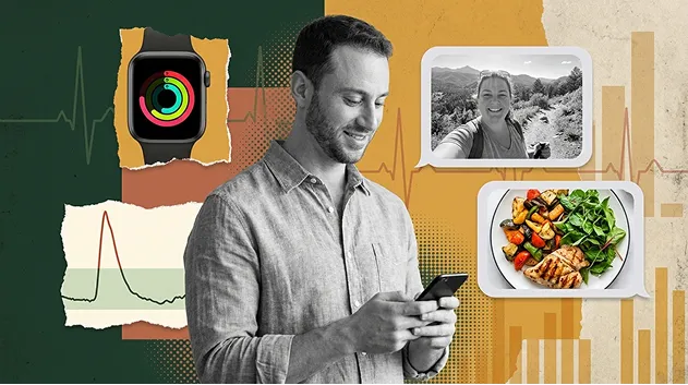 Collage-style editorial illustration of a doctor checking his phone, surrounded by an Apple Watch, glucose graph, and patient check-in photos.