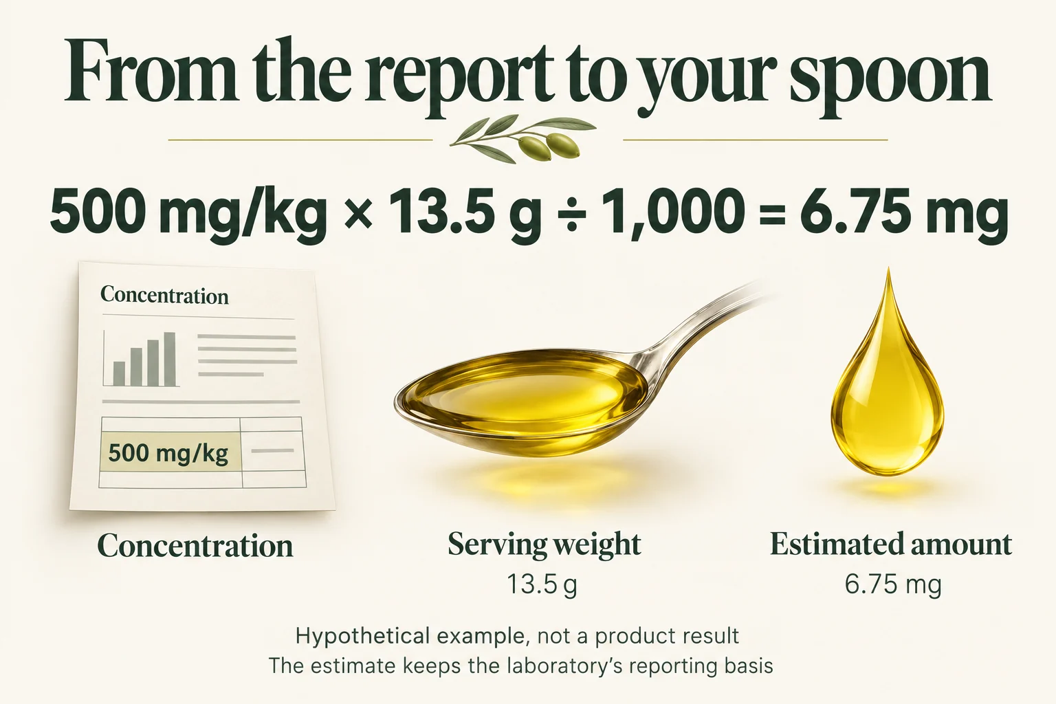 Hypothetical calculation: 500 mg/kg times 13.5 grams divided by 1,000 equals 6.75 milligrams.