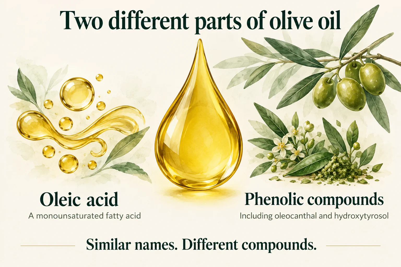 Oleic acid is a monounsaturated fatty acid; oleocanthal and hydroxytyrosol are phenolic compounds.