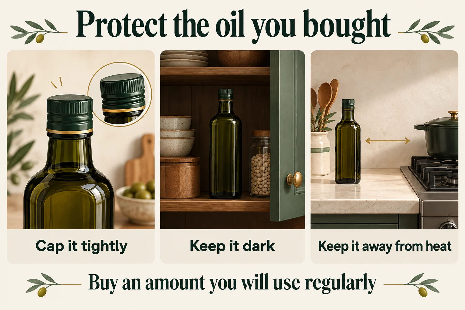 Three olive oil storage steps: cap tightly, keep dark, and keep away from heat.